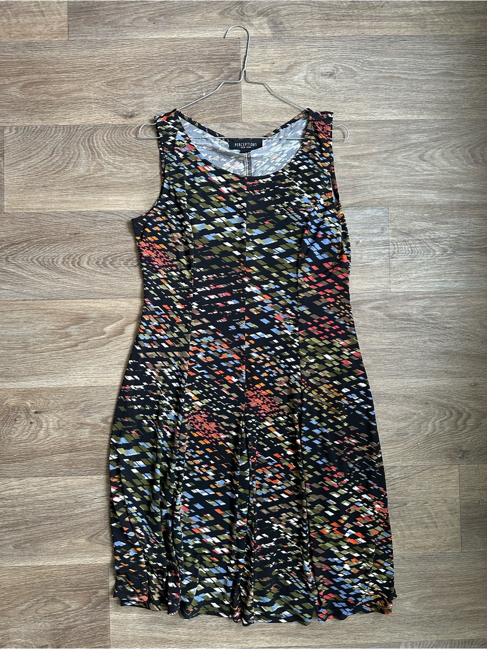 Perceptions NY Women’s Medium Multi-Color Abstract Diamond Fit & Flare Tan Dress